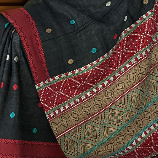 Black Eri Saree from Assam with Dark Red Border and Multicolor Pallu