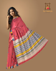 Reddish Pink Eri Saree from Assam with Multicolor Border and Pallu