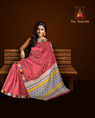 Reddish Pink Eri Saree from Assam with Multicolor Border and Pallu