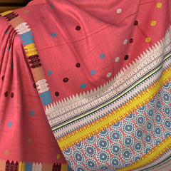 Reddish Pink Eri Saree from Assam with Multicolor Border and Pallu