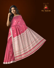 Pinkish Red Eri Saree from Assam with Off-White Border and Pallu