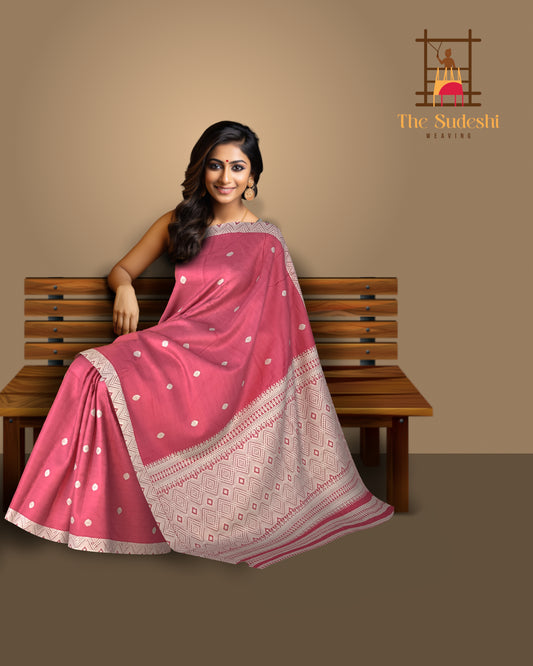 Pinkish Red Eri Saree from Assam with Off-White Border and Pallu
