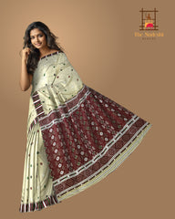 Yellowish Green Mulberry Saree from Assam with Multicolor Border and Maroon Pallu