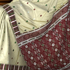 Yellowish Green Mulberry Saree from Assam with Multicolor Border and Maroon Pallu