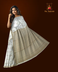 White Mulberry Saree from Assam with Dark Beige Border and Pallu