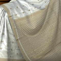 White Mulberry Saree from Assam with Dark Beige Border and Pallu