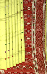 Yellow Mulberry Saree from Assam with Red Border and Pallu