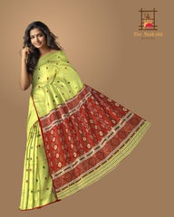 Yellow Mulberry Saree from Assam with Red Border and Pallu