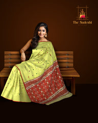 Yellow Mulberry Saree from Assam with Red Border and Pallu