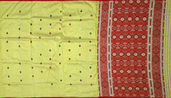 Yellow Mulberry Saree from Assam with Red Border and Pallu