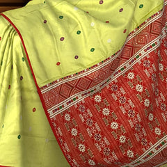 Yellow Mulberry Saree from Assam with Red Border and Pallu