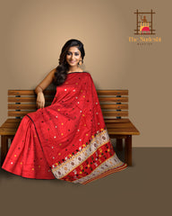 Red Mulberry Saree from Assam with No Border and Red Pallu
