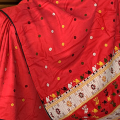 Red Mulberry Saree from Assam with No Border and Red Pallu