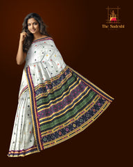 White Mulberry Saree from Assam with Multicolor Border and Pallu