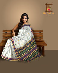 White Mulberry Saree from Assam with Multicolor Border and Pallu