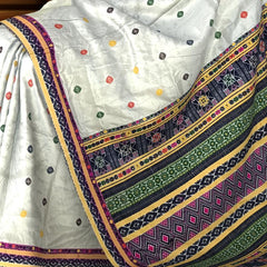 White Mulberry Saree from Assam with Multicolor Border and Pallu