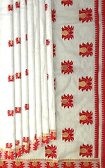 White Mulberry Saree from Assam with Dark Red Border and Pallu