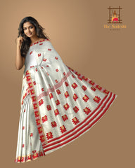 White Mulberry Saree from Assam with Dark Red Border and Pallu