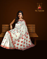 White Mulberry Saree from Assam with Dark Red Border and Pallu