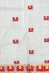 White Mulberry Saree from Assam with Dark Red Border and Pallu
