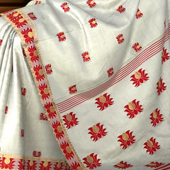 White Mulberry Saree from Assam with Dark Red Border and Pallu