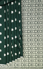 Dark Green Mulberry Saree from Assam with White Border and Pallu