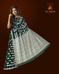 Dark Green Mulberry Saree from Assam with White Border and Pallu