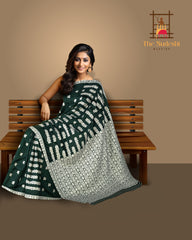 Dark Green Mulberry Saree from Assam with White Border and Pallu
