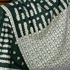Dark Green Mulberry Saree from Assam with White Border and Pallu