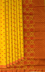 Yellow Mulberry Silk Saree with Red Border and Buttis