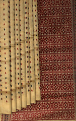 Gold Tassar-Muga Silk Saree with Red Border and Buttis & Motifs