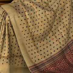 Gold Tassar-Muga Silk Saree with Red Border and Buttis & Motifs