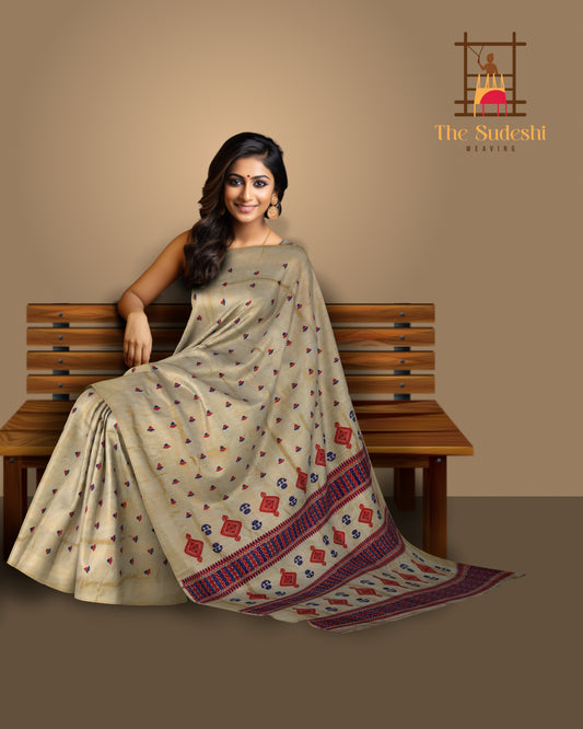 Gold Tassar Silk Saree with Red Border and Buttis & Motifs