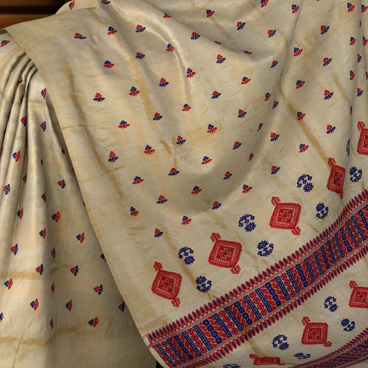 Gold Tassar Silk Saree with Red Border and Buttis & Motifs