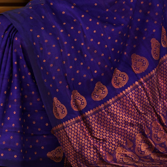 Violet Mulberry Silk Saree with Brown Border and Buttis & Motifs