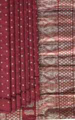 Red Mulberry Silk Saree with Grey Border and Buttis & Motifs