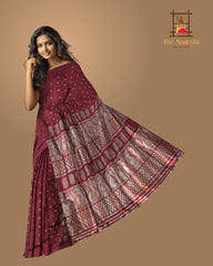 Red Mulberry Silk Saree with Grey Border and Buttis & Motifs