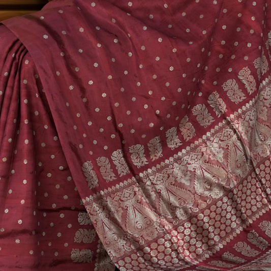 Red Mulberry Silk Saree with Grey Border and Buttis & Motifs
