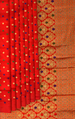 Red Mulberry Silk Saree with Gold Border and Buttis & Motifs