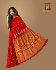 Red Mulberry Silk Saree with Gold Border and Buttis & Motifs