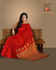 Red Mulberry Silk Saree with Gold Border and Buttis & Motifs