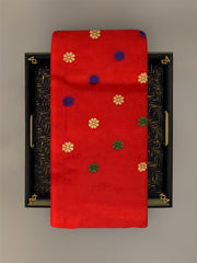 Red Mulberry Silk Saree with Gold Border and Buttis & Motifs