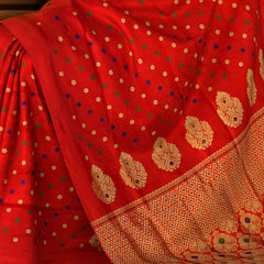 Red Mulberry Silk Saree with Gold Border and Buttis & Motifs