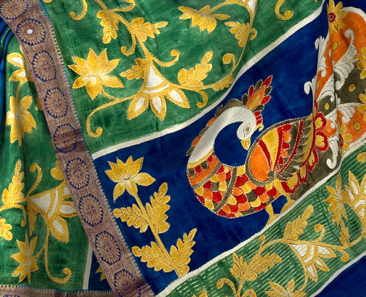 Green Yellow Tussar Saree with Single Side Design