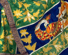 Green Yellow Tussar Saree with Single Side Design