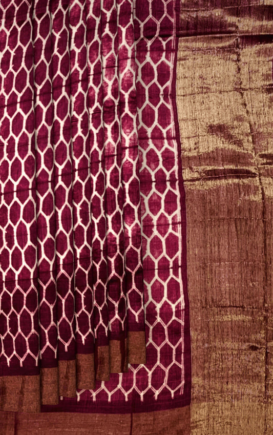 Pink Hexagon Tussar Saree with Single Side Design