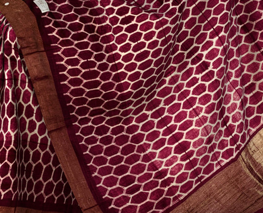 Pink Hexagon Tussar Saree with Single Side Design