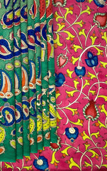 Pink Green Kalamkari Saree with Single Side Design