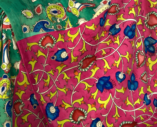 Pink Green Kalamkari Saree with Single Side Design