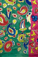 Pink Green Kalamkari Saree with Single Side Design